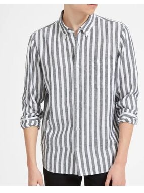 Everlane Men's Vertical Stripe Button-Down Linen Oxford Shirt - Gray & White
